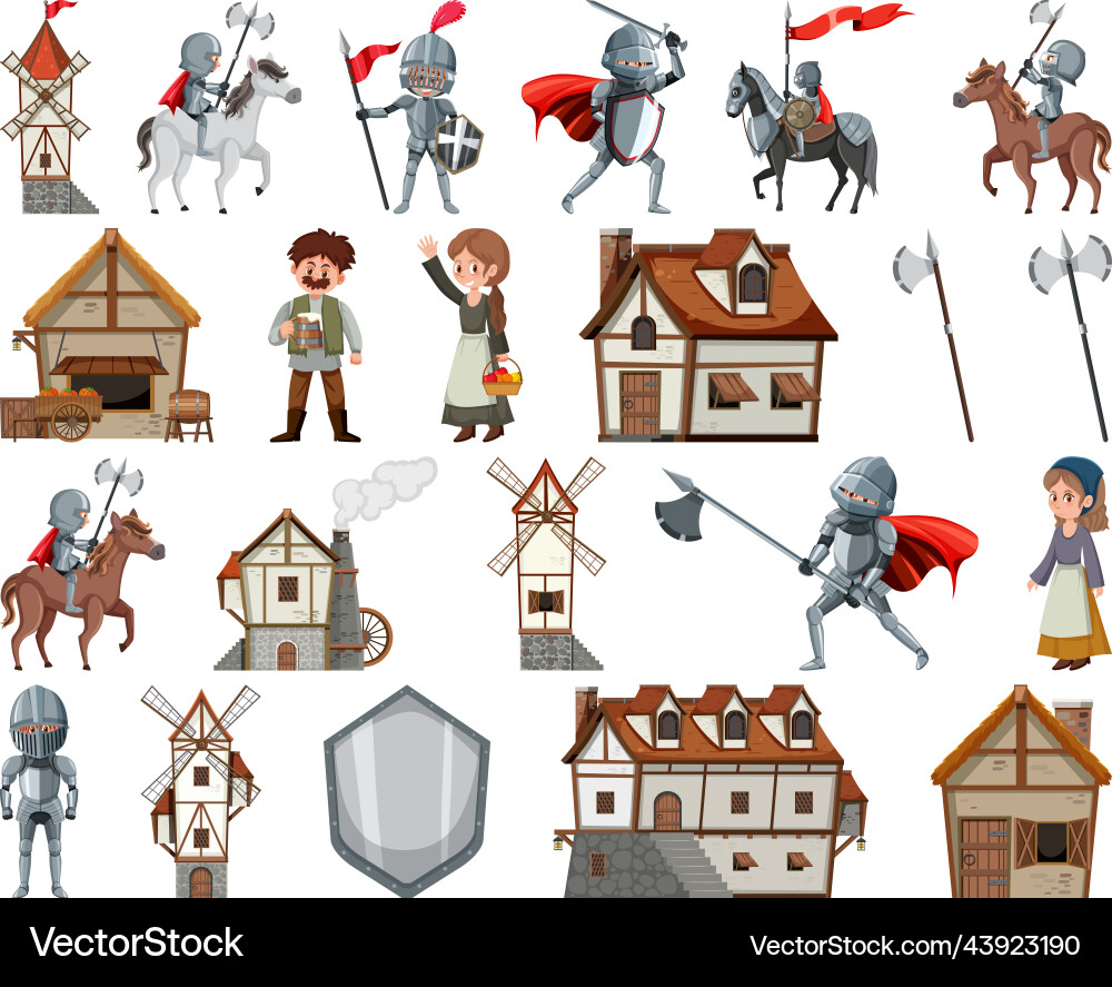 Medieval cartoon characters and objects vector image