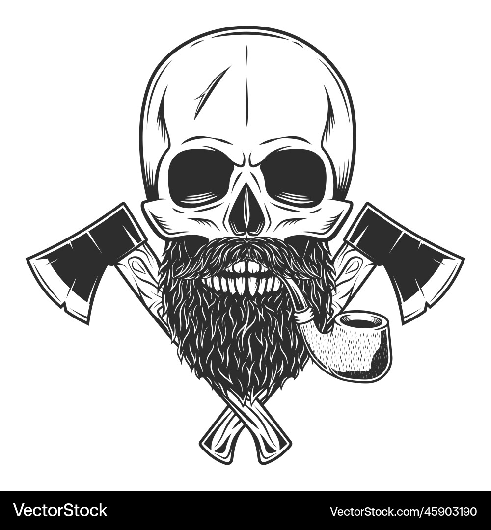 Skull smocking pipe with beard and axe Skull smocking pipe with beard and axe vector image