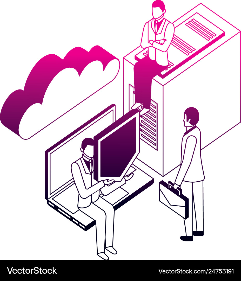 Businessmen with server data laptop shield cloud Businessmen with server data laptop shield cloud vector image