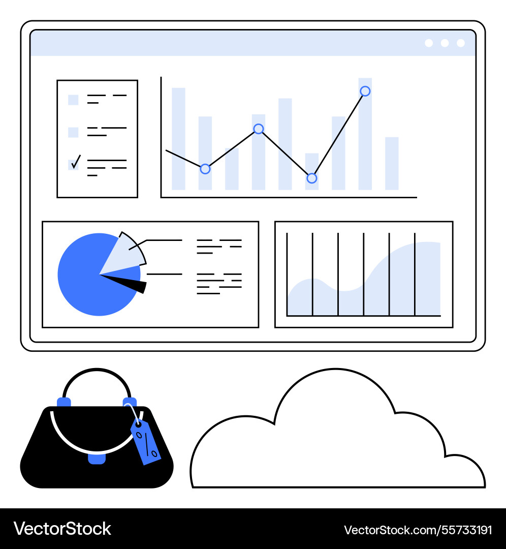 Data dashboard with graphs and charts over cloud Vector Image