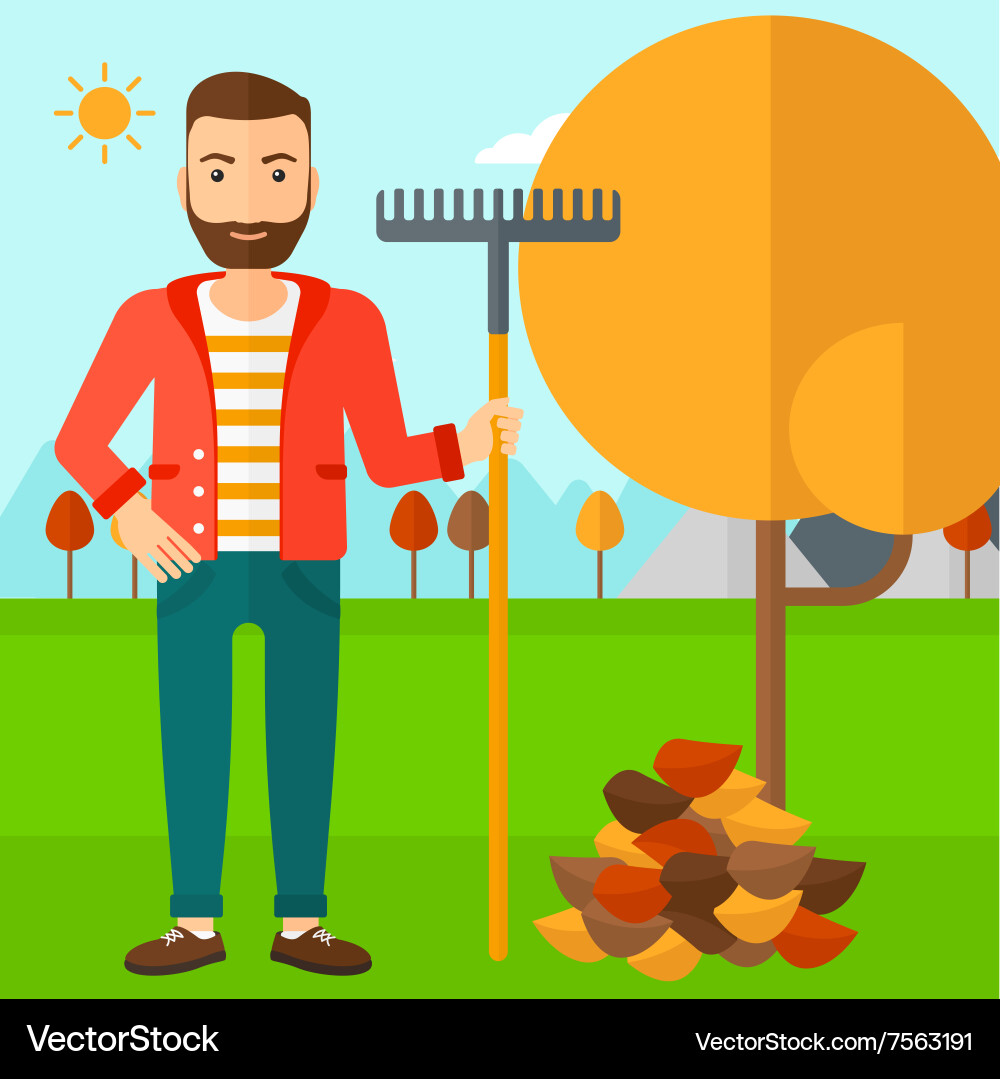 Man with rake standing near tree and heap Vector Image