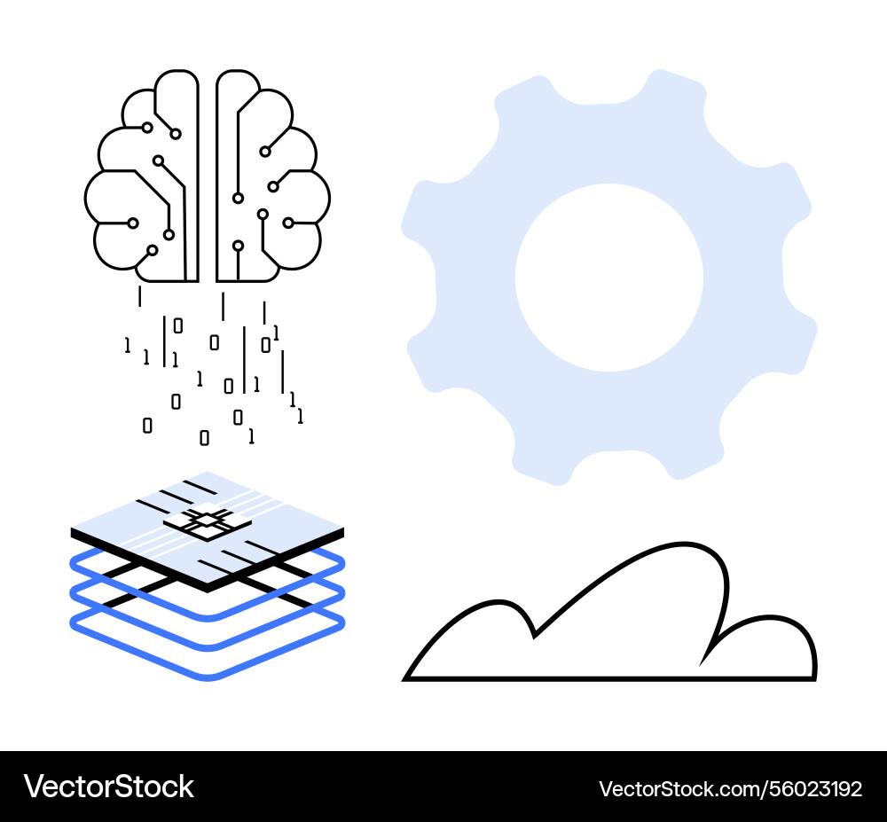 Brain processing binary data with cloud gear Brain processing binary data with cloud gear vector image