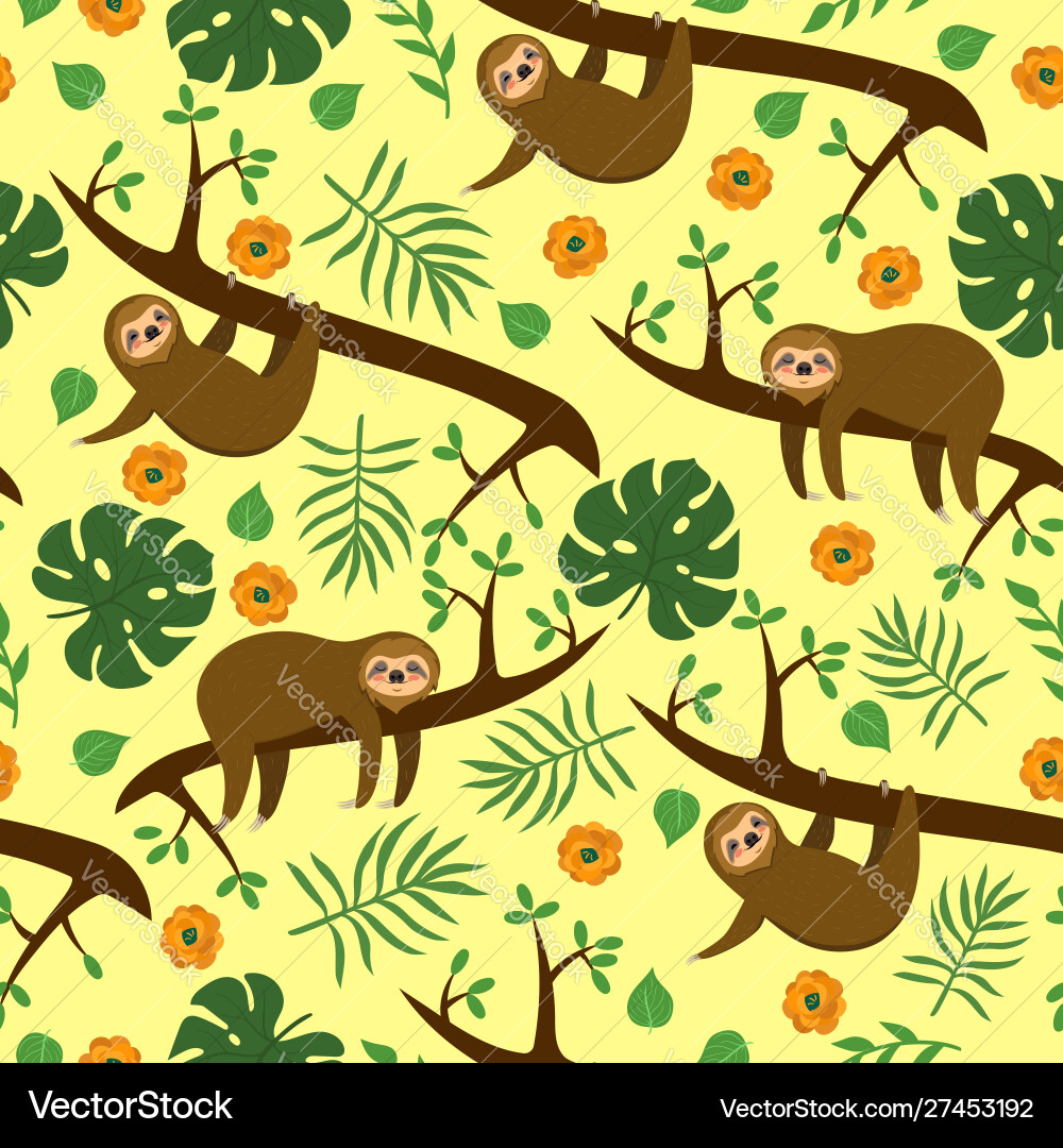Seamless pattern with sloths in jungle Seamless pattern with sloths in jungle vector image