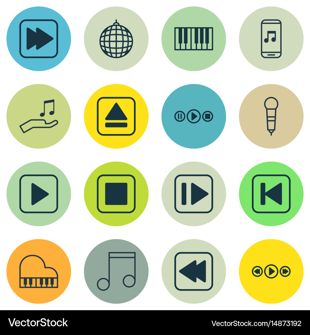Set of 16 multimedia icons includes stop button Vector Image