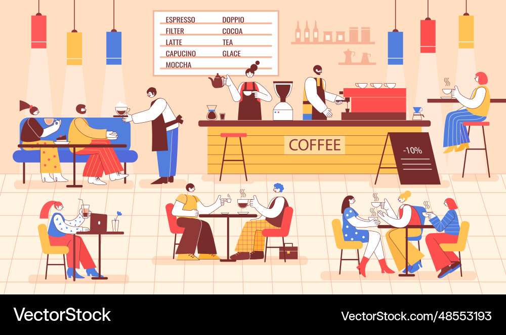 Coffee shop with visitors colorful cafe interior Coffee shop with visitors colorful cafe interior vector image