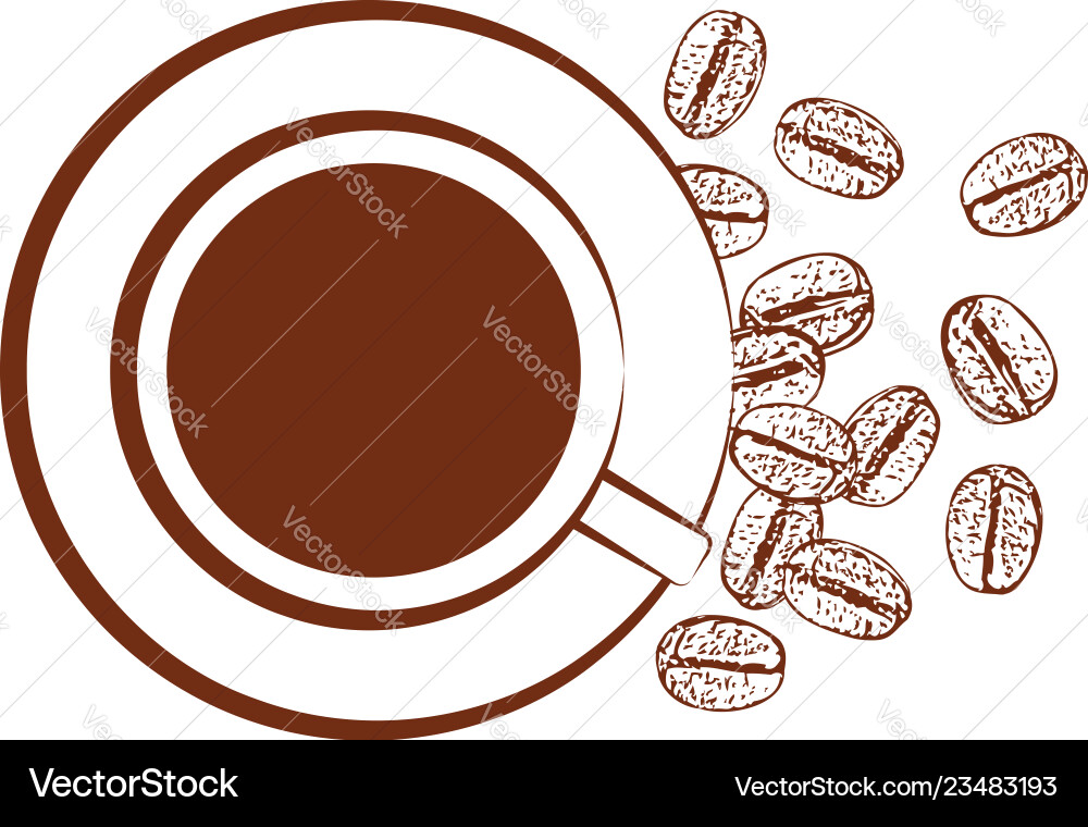 Cup of black coffee and scattered beans Cup of black coffee and scattered beans vector image
