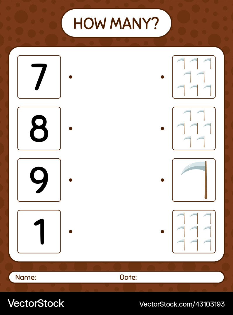How many counting game with scythe worksheet How many counting game with scythe worksheet vector image