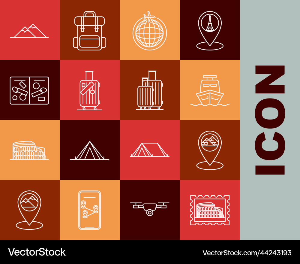 Set line postal stamp and coliseum map pointer Set line postal stamp and coliseum map pointer vector image