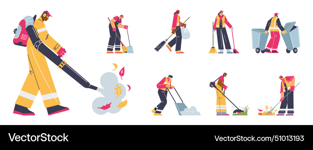 Street cleaning or garden maintenance set flat Street cleaning or garden maintenance set flat vector image