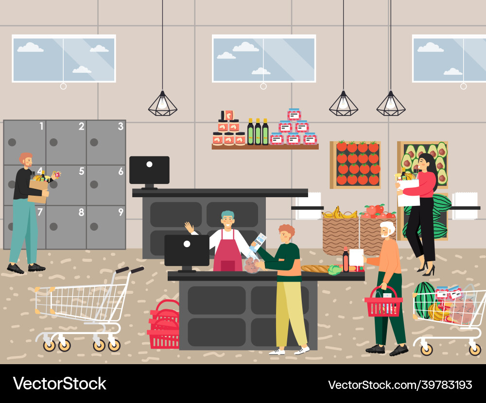 Supermarket entrance with cashier desk people Supermarket entrance with cashier desk people vector image