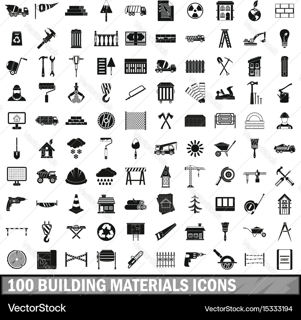 100 building materials icons set simple style vector image