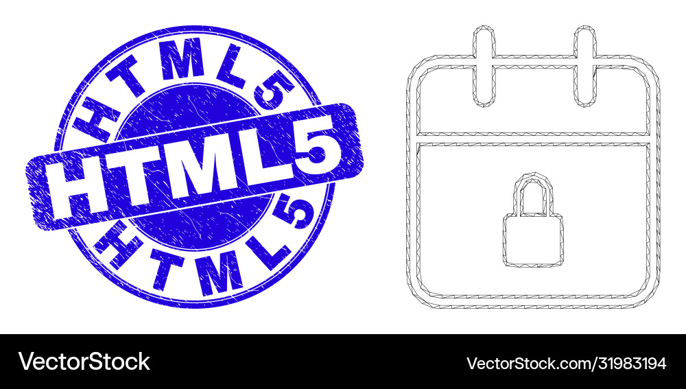 Blue scratched html5 stamp and web mesh lock Blue scratched html5 stamp and web mesh lock vector image