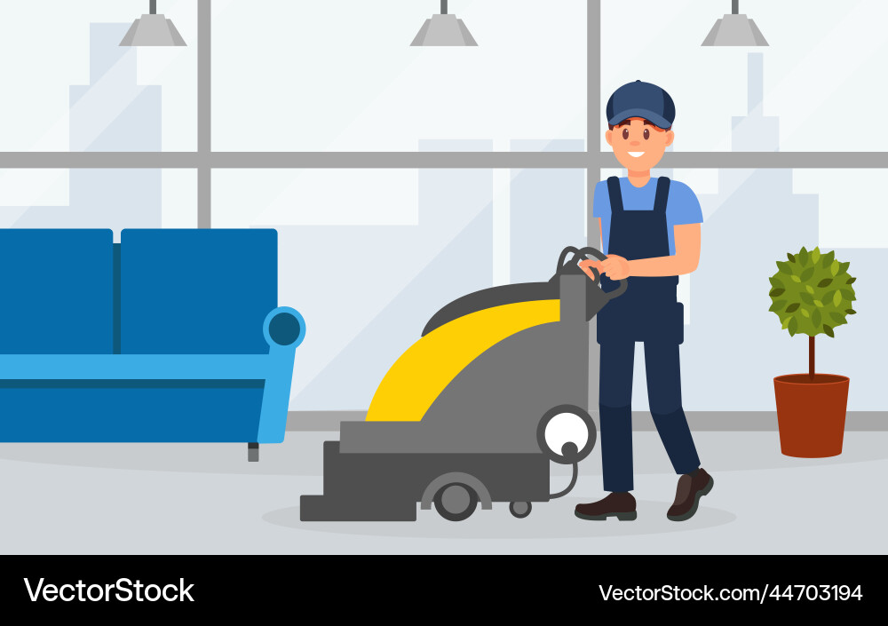 Man professional cleaner in uniform operating Man professional cleaner in uniform operating Vector Image