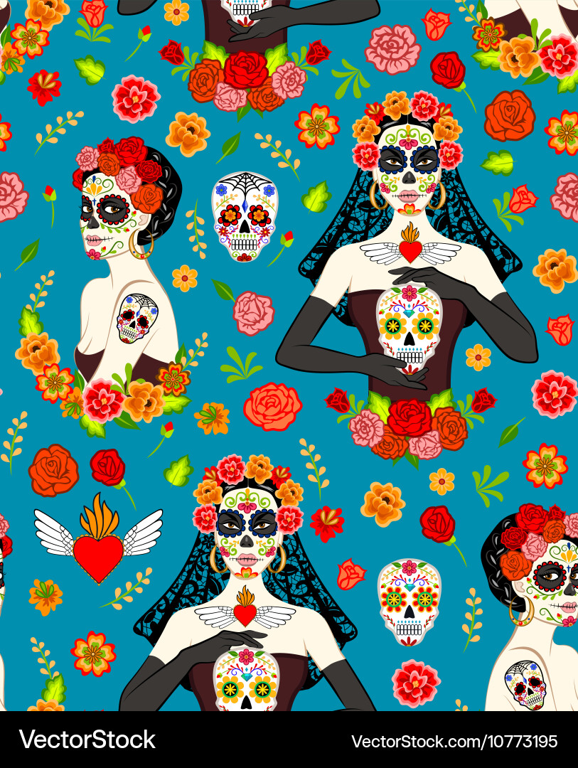 Dia de Muertos Sugar Skull Pattern Vector Image