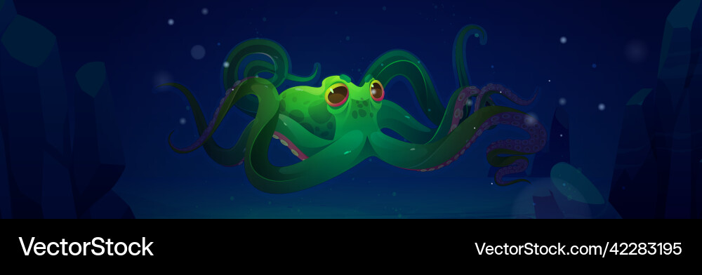 Grüner Oktopus schwimmen in Meerwasser in der Nacht Grüner Oktopus schwimmen in Meerwasser in der Nacht vektorbild