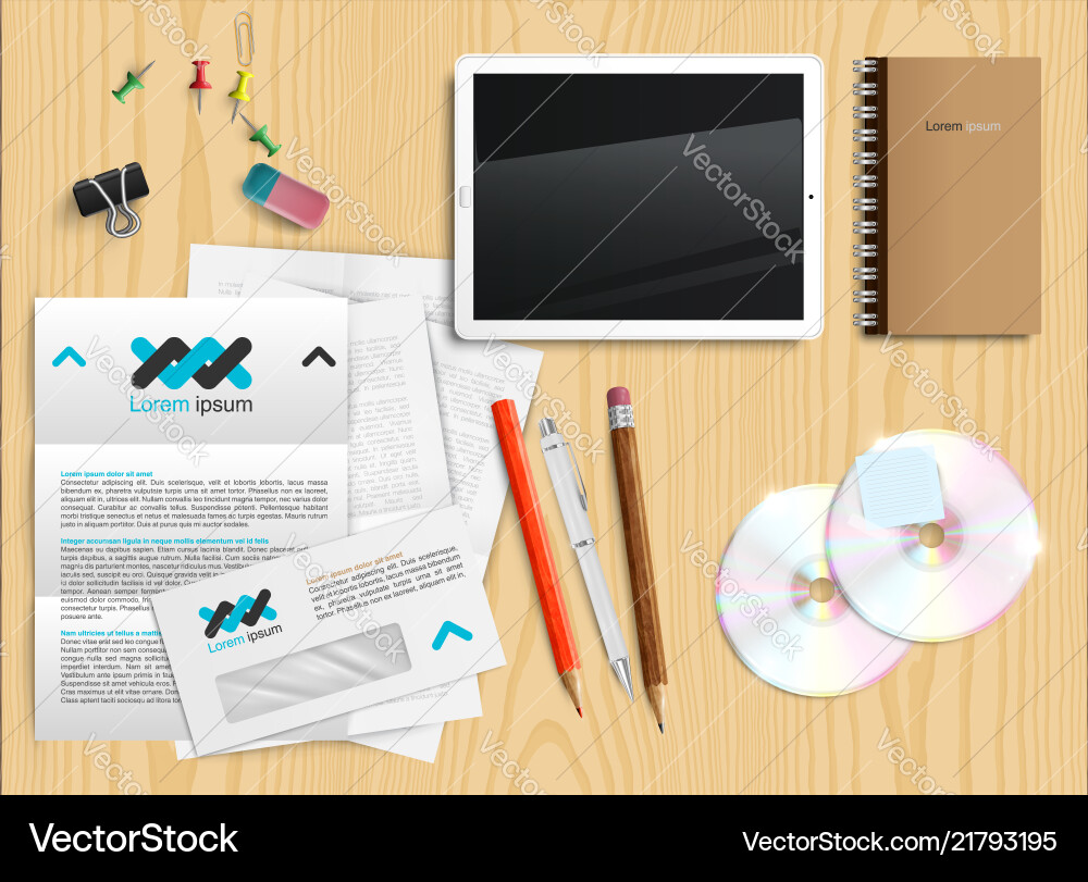 Realistic office desk with different objects Realistic office desk with different objects vector image