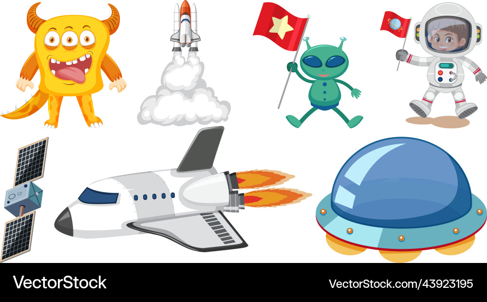 Set of space cartoon characters and objects Set of space cartoon characters and objects vector image