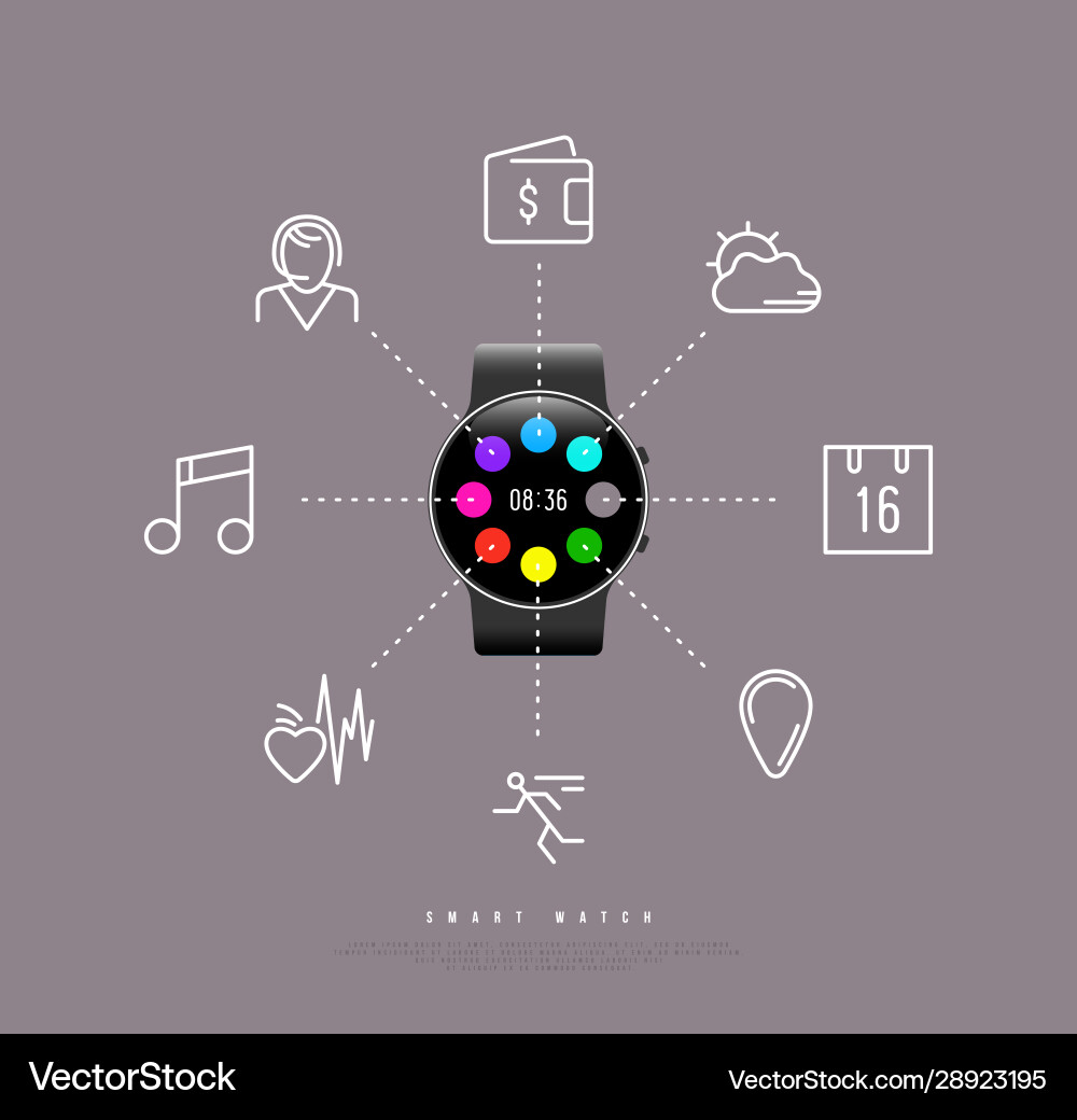 Smart watch with circle display and icons Smart watch with circle display and icons vector image