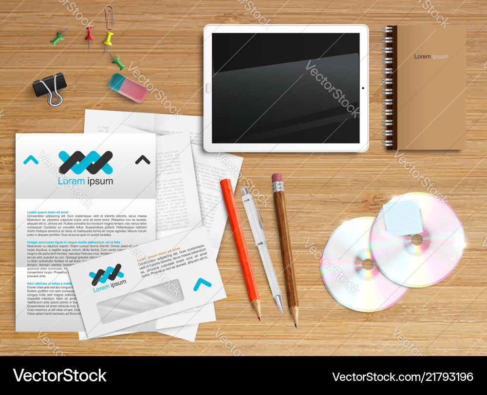 Realistic office desk with different objects Realistic office desk with different objects vector image