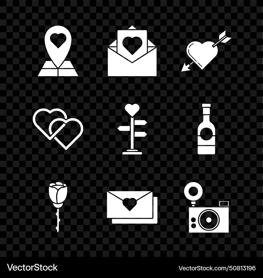 Set map pointer with heart envelope valentine Set map pointer with heart envelope valentine vector image