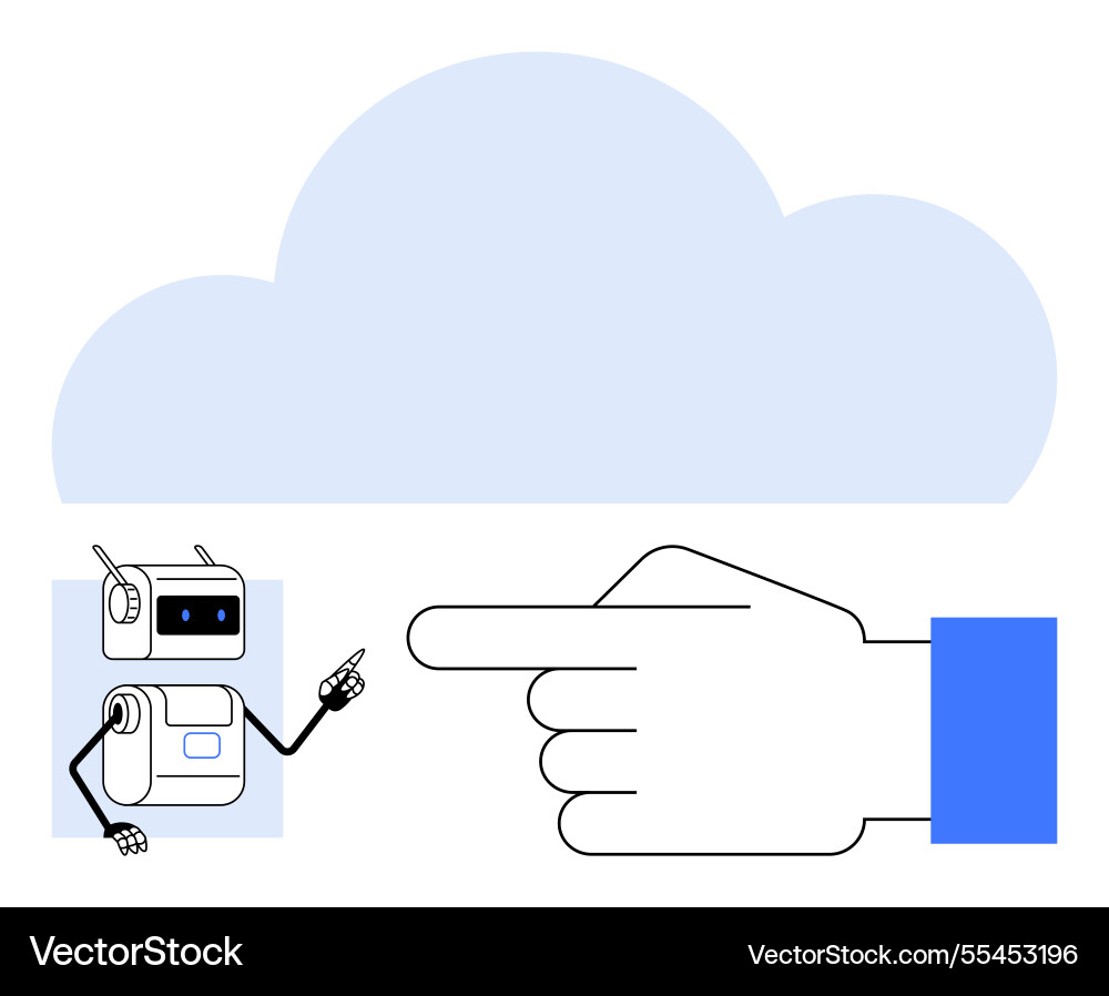 Small robot interacting with a large pointing hand Small robot interacting with a large pointing hand vector image