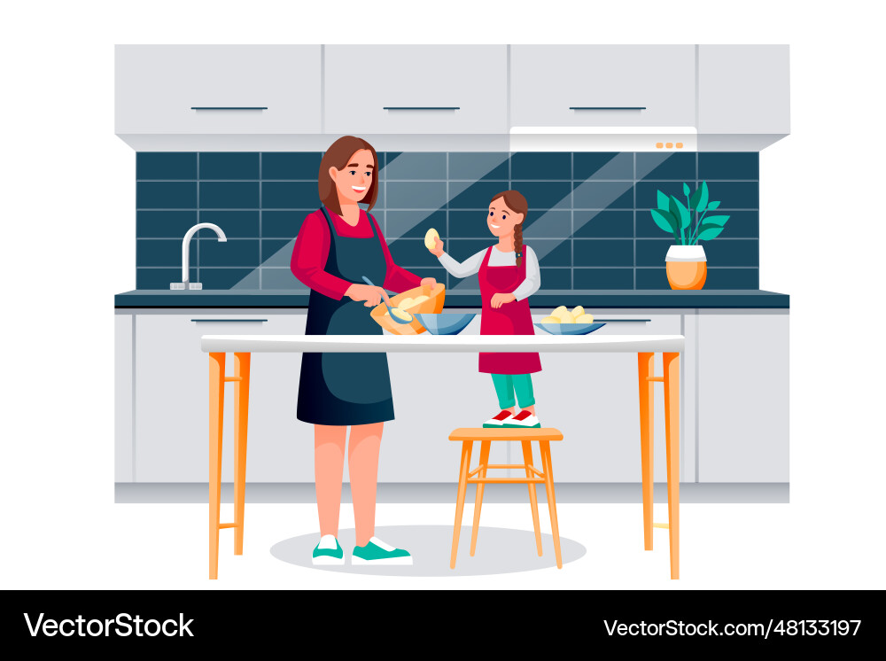 Happy mother and daughter cooking breakfast Happy mother and daughter cooking breakfast vector image