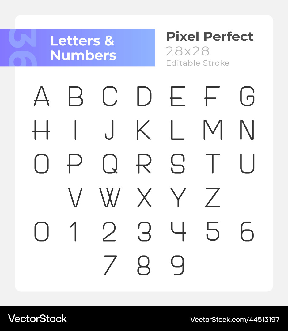 Numbers and letters pixel perfect linear icons set Numbers and letters pixel perfect linear icons set vector image