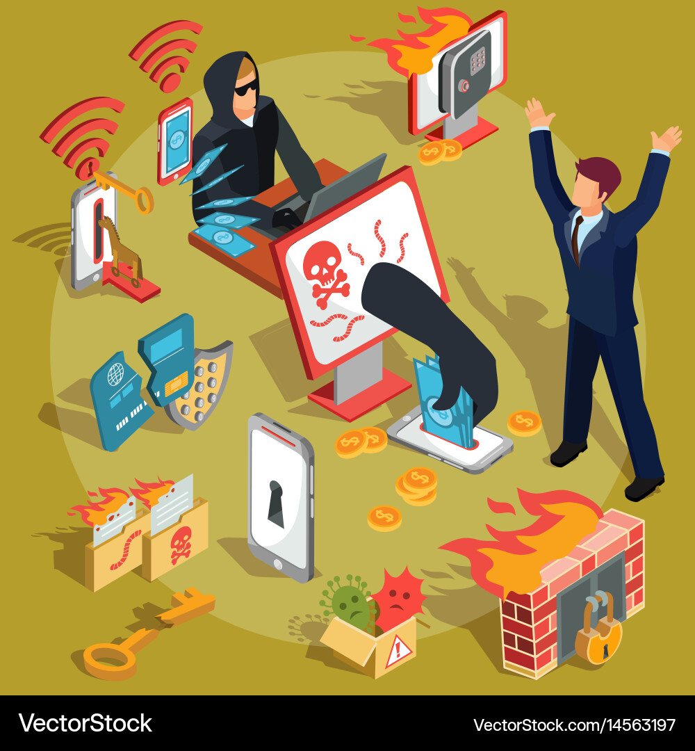 Set of isometric hacker icons vector image