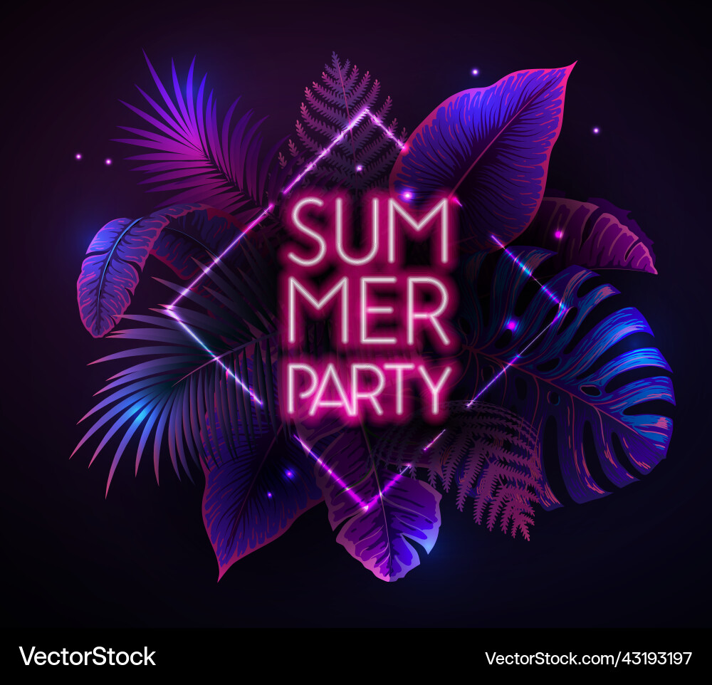 Summer party poster with fluorescent tropic leaves Summer party poster with fluorescent tropic leaves vector image