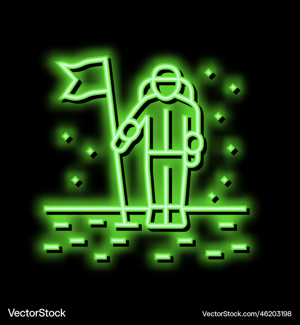 Astronaut installing flag on planet surface neon vector image