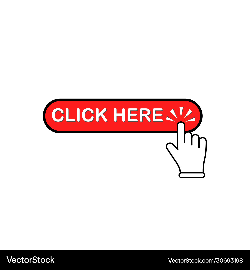 Click here button in red with mouse pointer hand Click here button in red with mouse pointer hand vector image