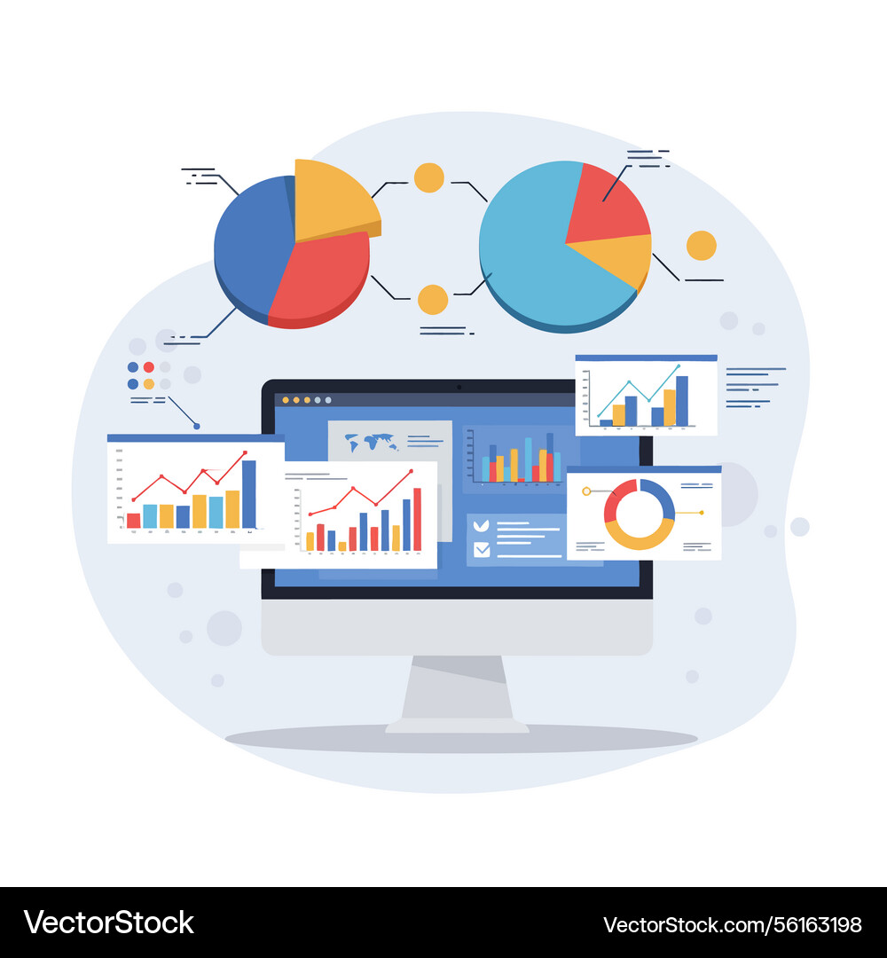 Computer monitor displaying colorful charts vector image