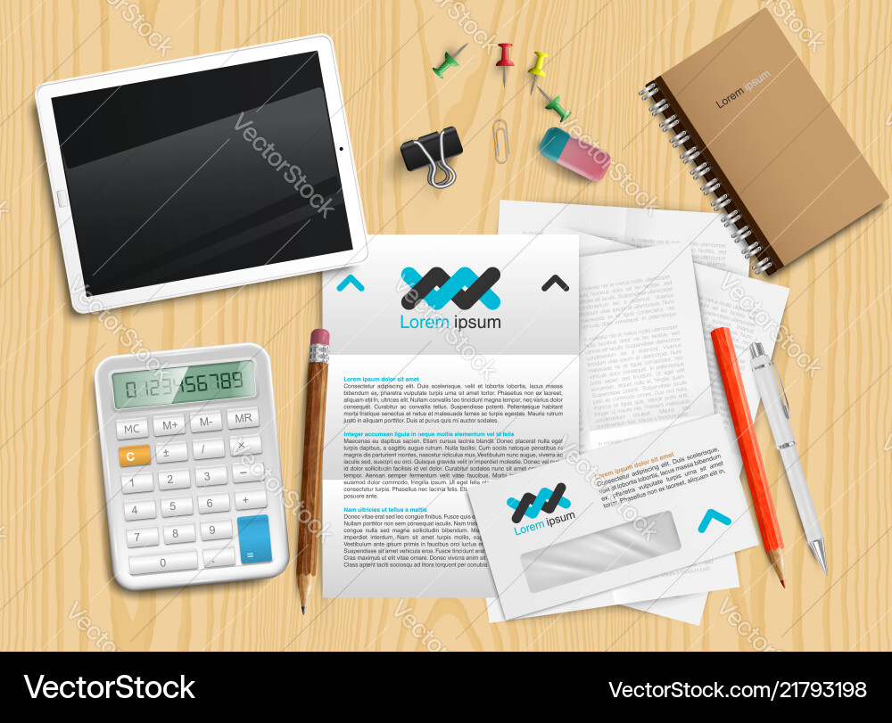 Realistic office desk with different objects Realistic office desk with different objects vector image
