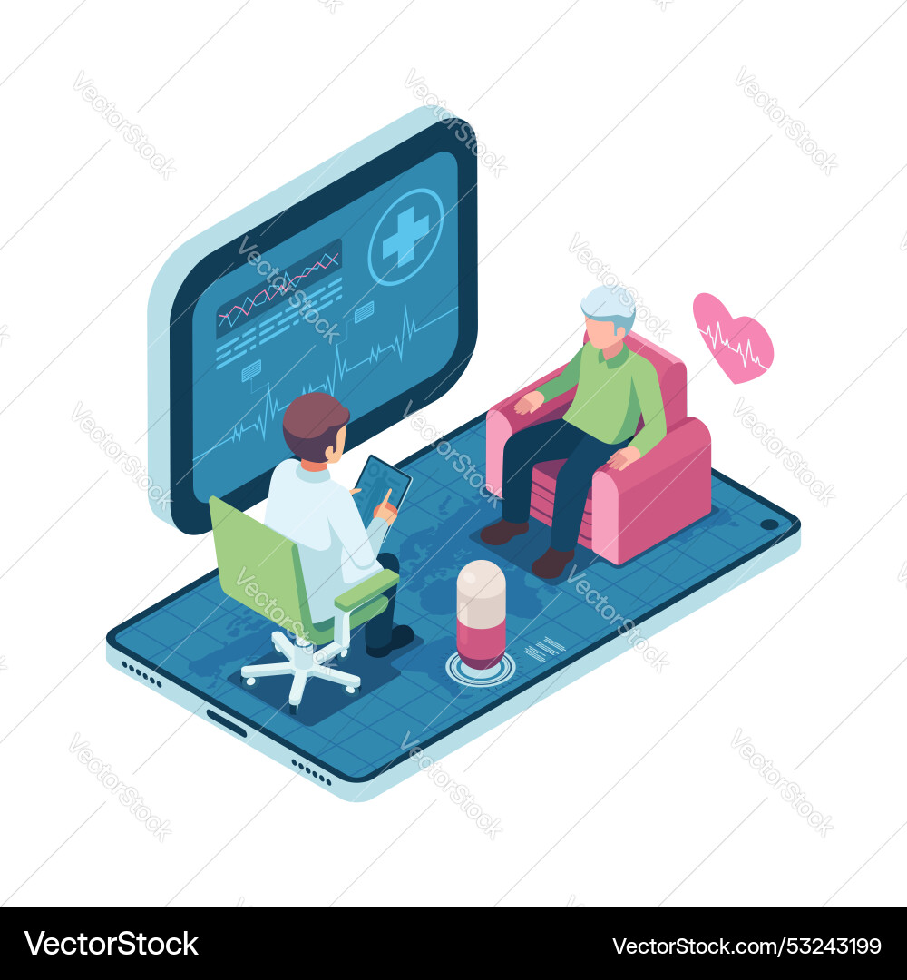 Isometric doctor examining patient via Isometric doctor examining patient via vector image