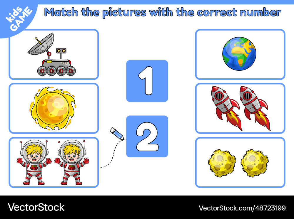 Math game match space objects with correct number Math game match space objects with correct number vector image
