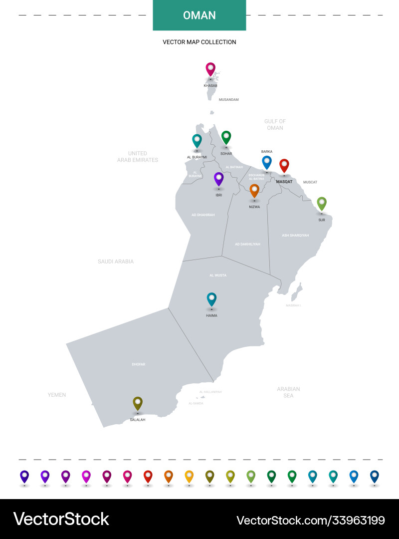 Oman Karte mit Standort Zeigermarken Infografik Oman Karte mit Standort Zeigermarken Infografik vektorbild