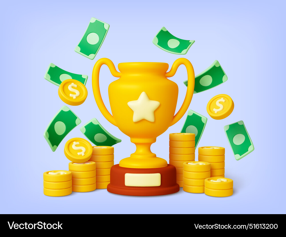 Business win 3d golden cup coins and flying Business win 3d golden cup coins and flying vector image