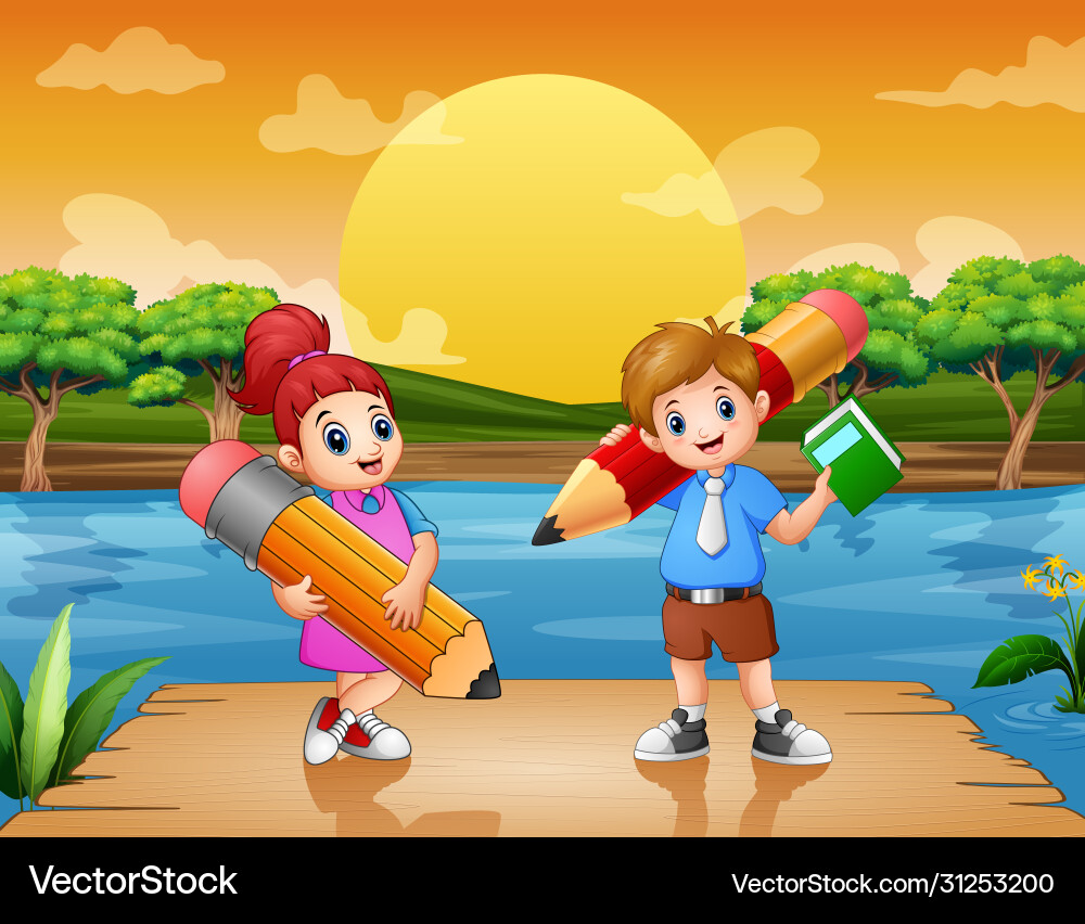 Glückliche Kinder mit großen Bleistiften auf Pier Glückliche Kinder mit großen Bleistiften auf Pier vektorbild