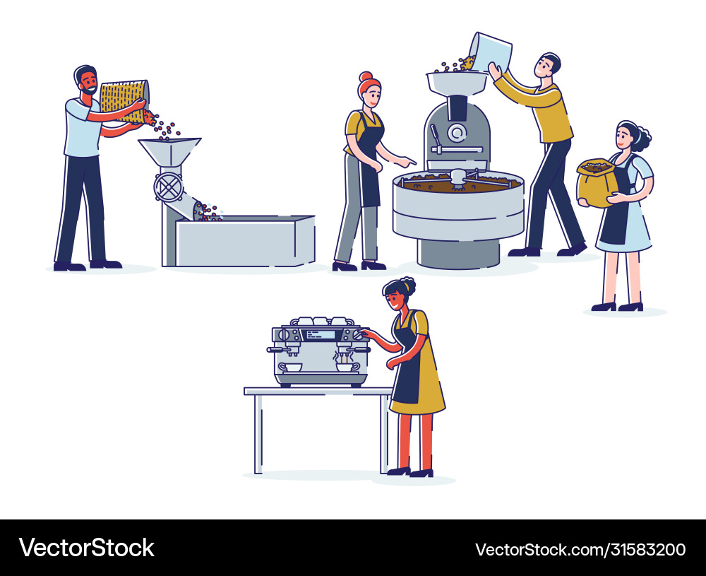 Kaffeeproduktionsstufen - Kaffeehausarbeiter Kaffeeproduktionsstufen - Kaffeehausarbeiter vektorbild