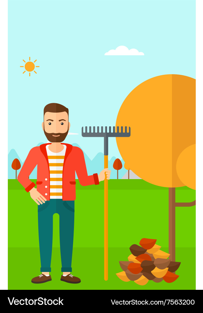 Man with rake standing near tree and heap Vector Image