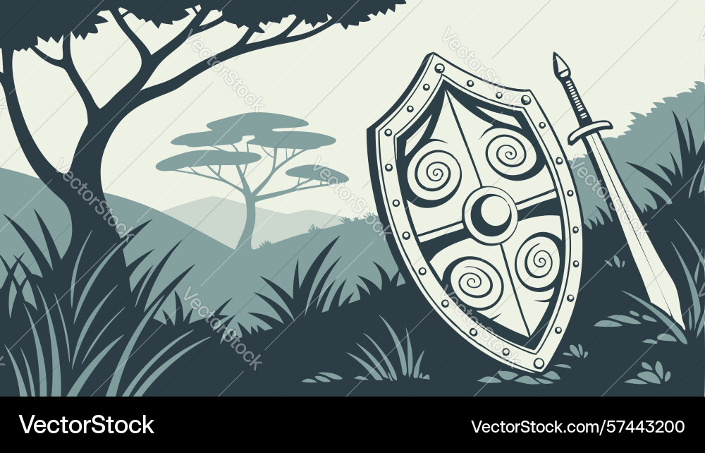 Rustic shield in forest with sword medieval Vector Image