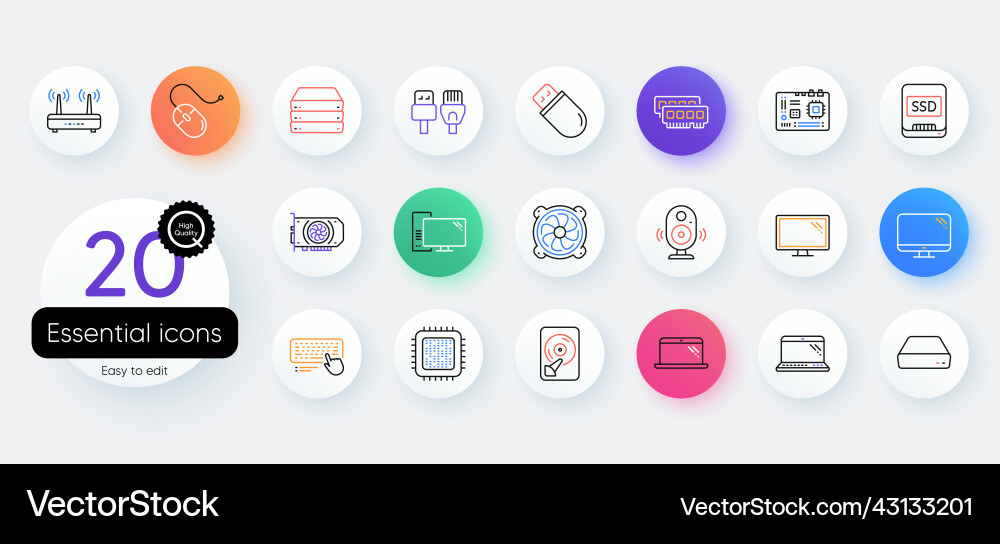 Computer components line icons set of motherboard Computer components line icons set of motherboard vector image