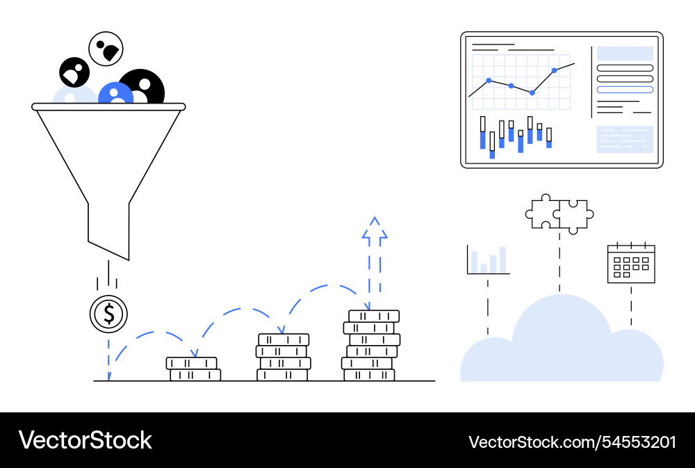 Data funnel converting users to revenue Data funnel converting users to revenue vector image