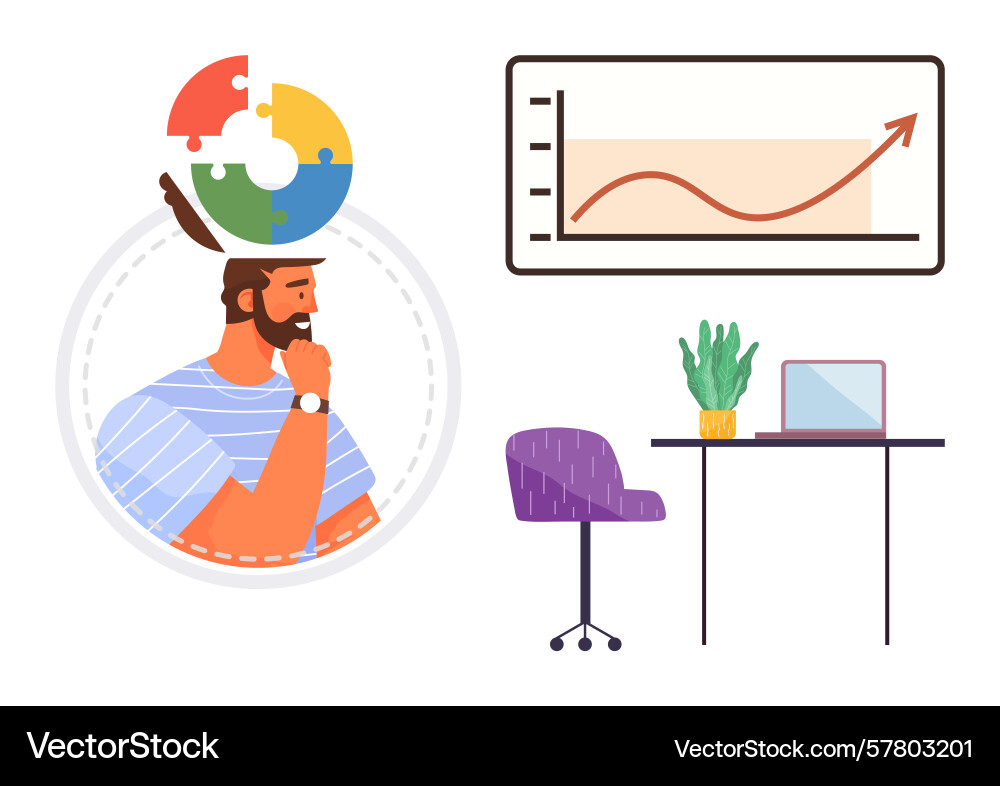 Man contemplating with puzzle brain and data vector image