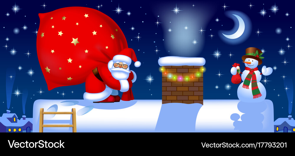 Santa claus with a sack on the roof Vector Image