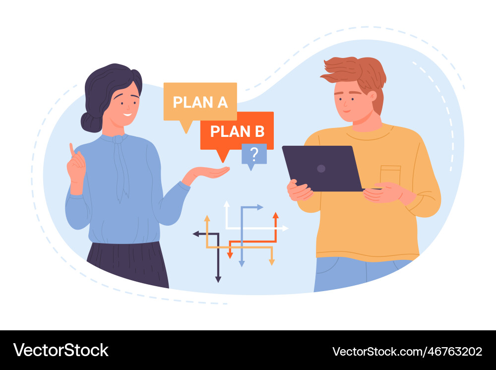 Businessman and businesswoman choose between plan Businessman and businesswoman choose between plan vector image