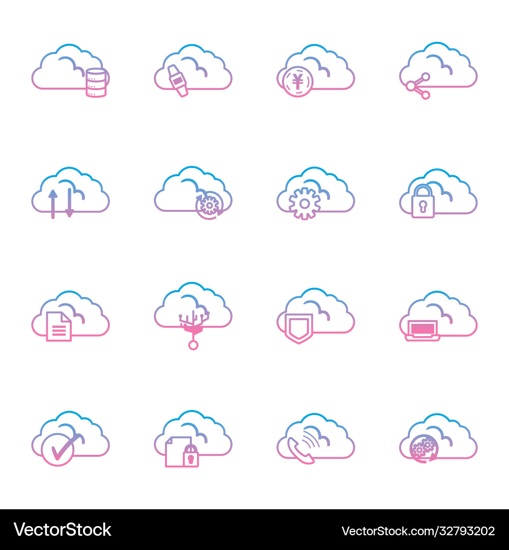 Cloud computing gradient style icon set vector image