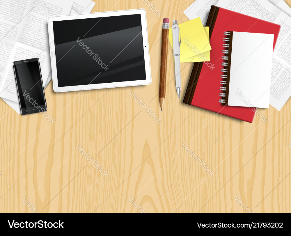 Realistic office desk with different objects Realistic office desk with different objects vector image