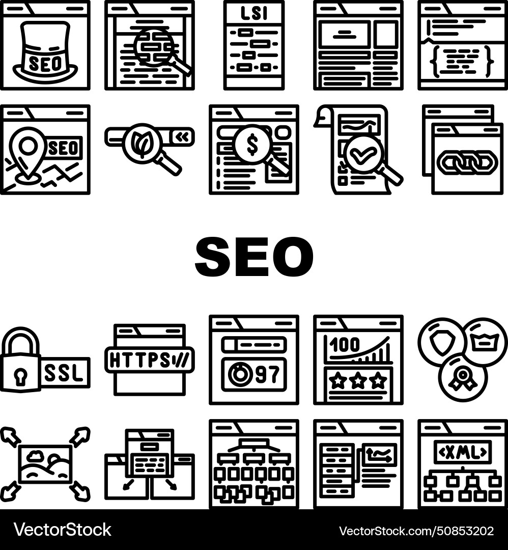 Seo web technical consulting icons set Seo web technical consulting icons set vector image