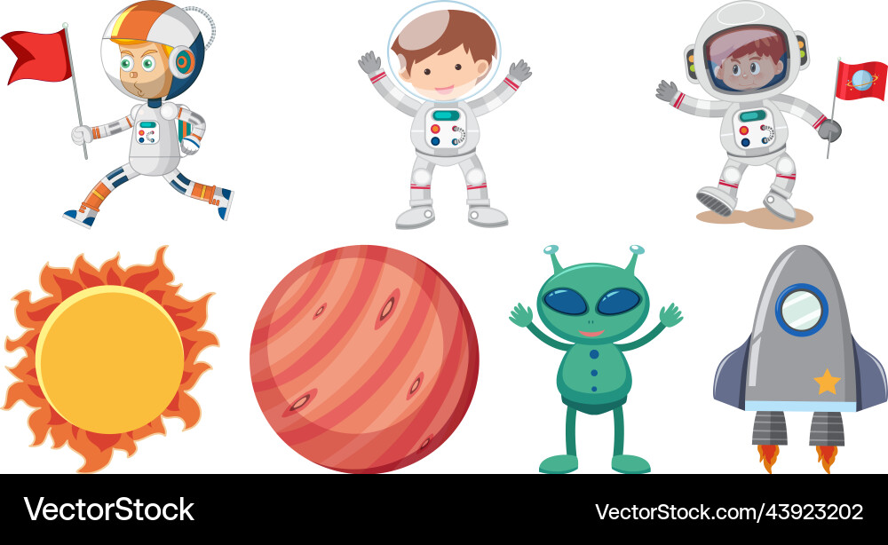 Set of space cartoon characters and objects Set of space cartoon characters and objects vector image